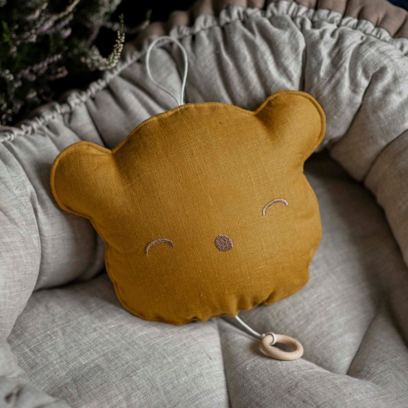 Musical toy lullaby teddy bear pillow for baby - Mustard nursery mobile - 寶寶/兒童玩具/玩偶 - 亞麻 橘色