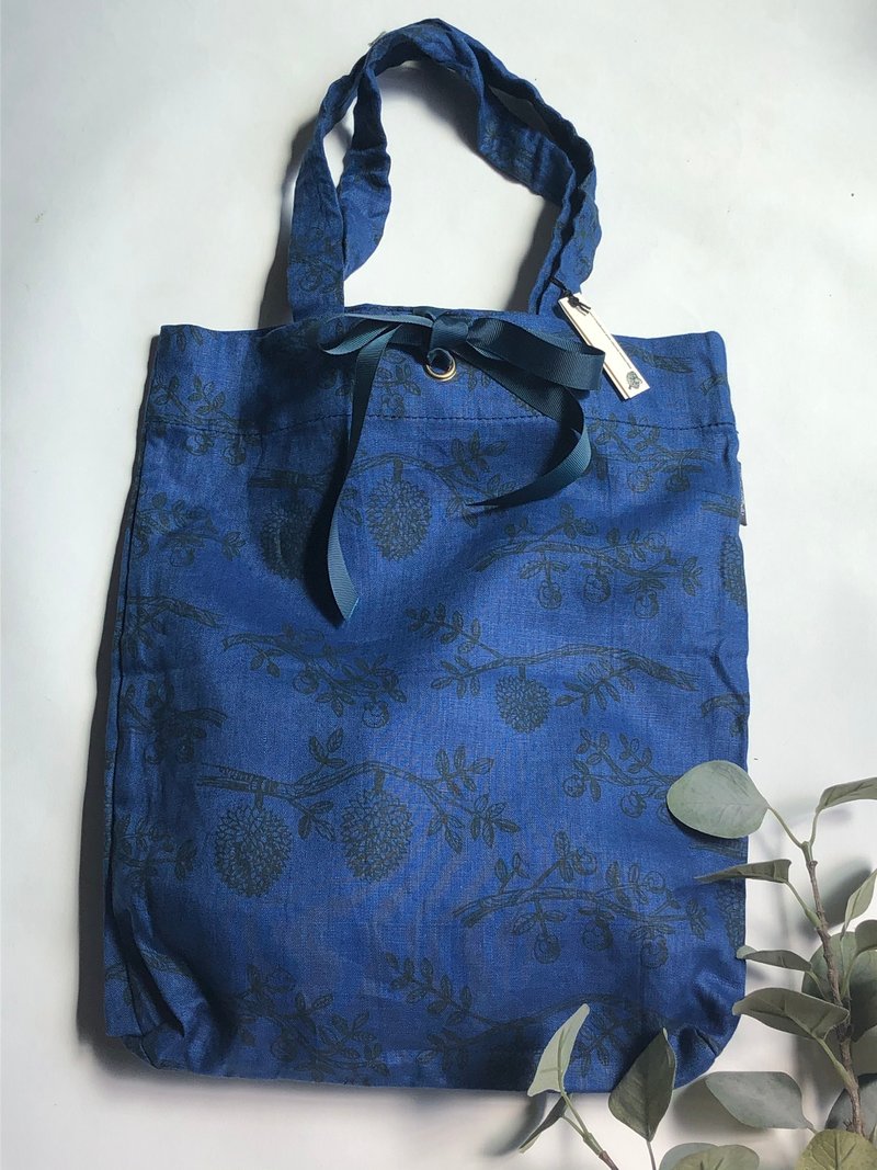 Printed Linen tote bag M size Royal blue color - Handbags & Totes - Cotton & Hemp Blue