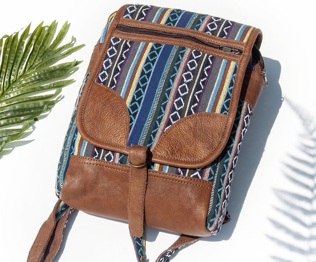 Leather Stitching Design Backpack Real Cowhide Shoulder Bag Ethnic