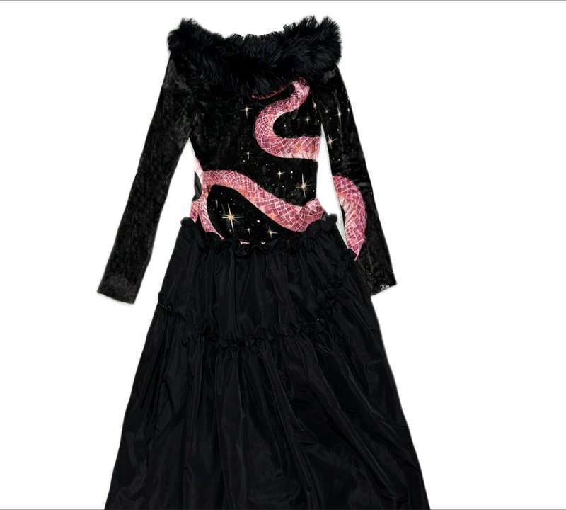 European retro shinigami print fur collar dress/dress - ชุดเดรส - เส้นใยสังเคราะห์ สีดำ