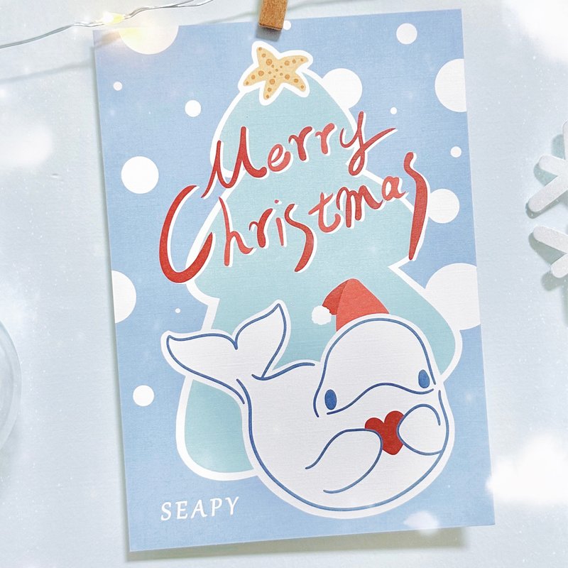 【クリスマスカード】手描き イラスト シロイルカ クリスマスカード ポストカード クリスマスプレゼント - はがき・メッセージカード - 紙 ブルー