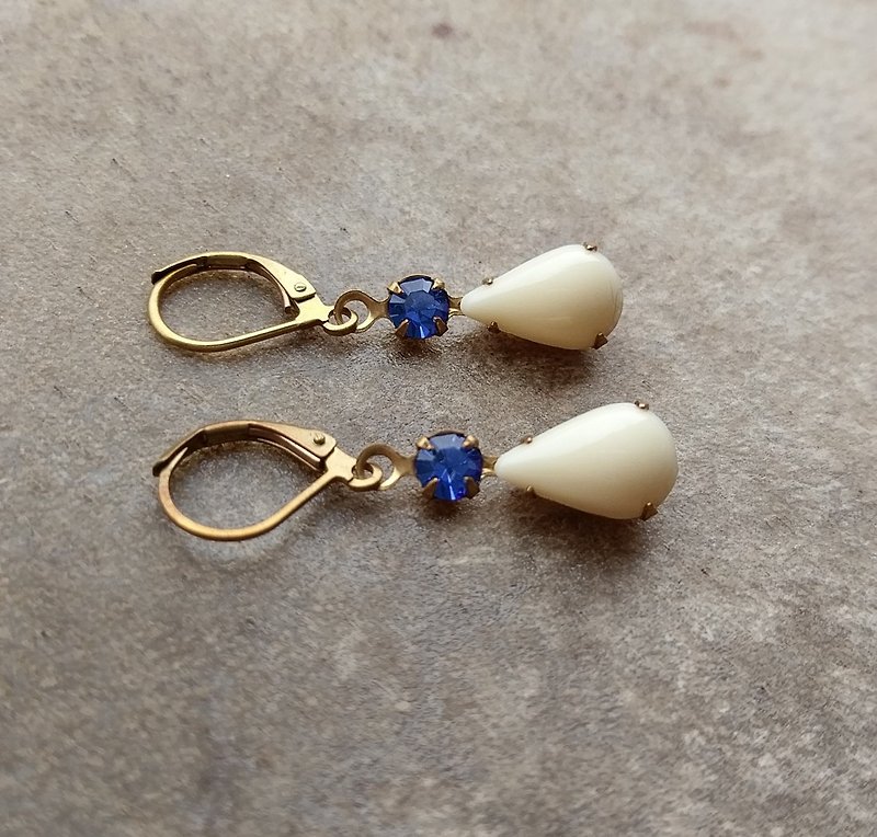 Blue and Ivory Vintage Glass Earrings - Earrings & Clip-ons - Other Metals White