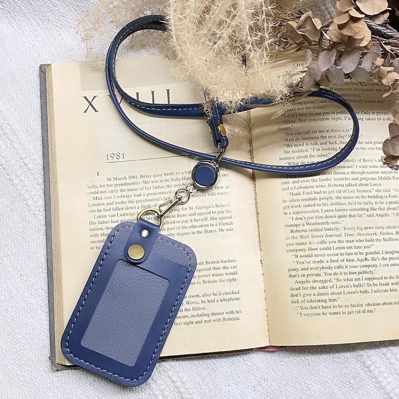 Simple contrasting color card holder + telescopic buckle neck cord - gray background + dark blue border - ID & Badge Holders - Genuine Leather Blue
