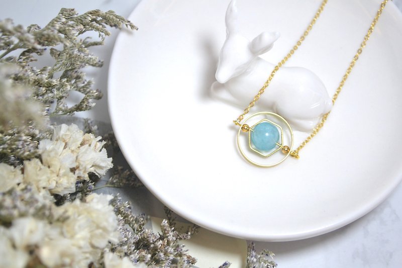 Geometry planet Aquamarine crystal stone necklace 【softboil_egg】 - Necklaces - Gemstone Blue
