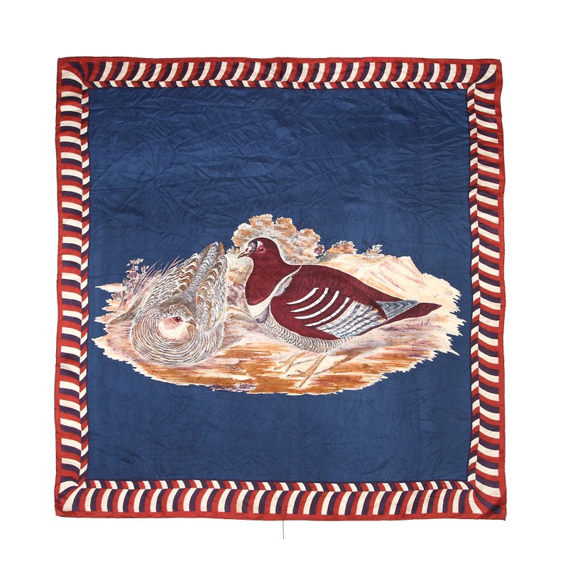 [Egg plant ancient] mandarin duck sketch printed ancient scarf - ผ้าพันคอ - เส้นใยสังเคราะห์ สีน้ำเงิน