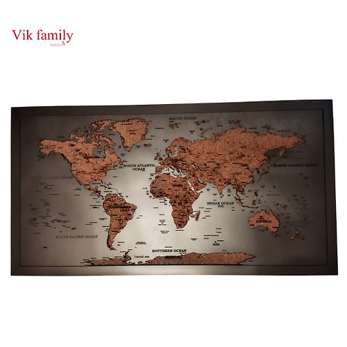 VIK-family World map push pin/ wooden wall decor/ framed map/ travel map home wall decor
