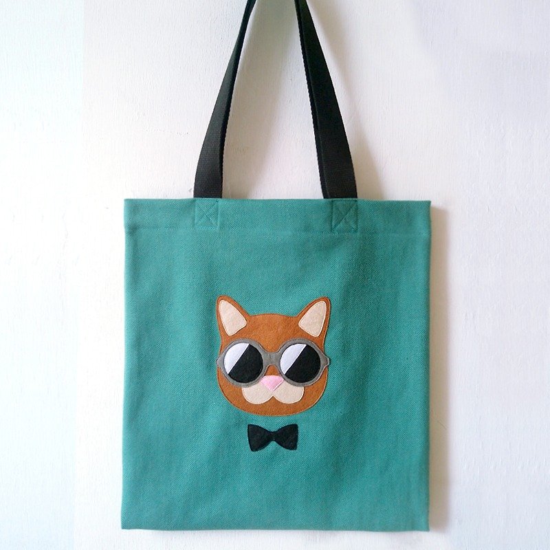墨鏡偵探貓, 厚帆布布袋, 全人手製Tote Bag - 手提包/手提袋 - 棉．麻 綠色