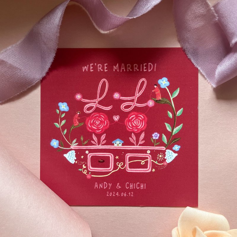 [Customized] 30 copies of the text behind the name and date printed with cute illustrations of the "囍" garden wedding cake thank you card - Wedding Invitations - Paper Red