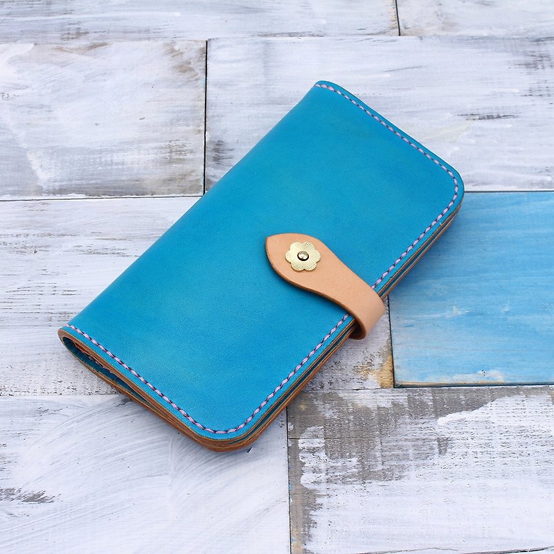 [Tangent Pie] Handmade Bi-fold Photo Clip Separate Long Ladies Wallet 012 Tiffany Blue - Wallets - Genuine Leather Blue