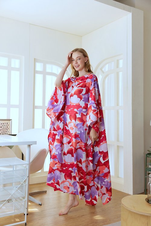 slowsundaynight Abstract Silk Red Floral Button at Shoulder Kaftan for Beach Wear Lounge Wear