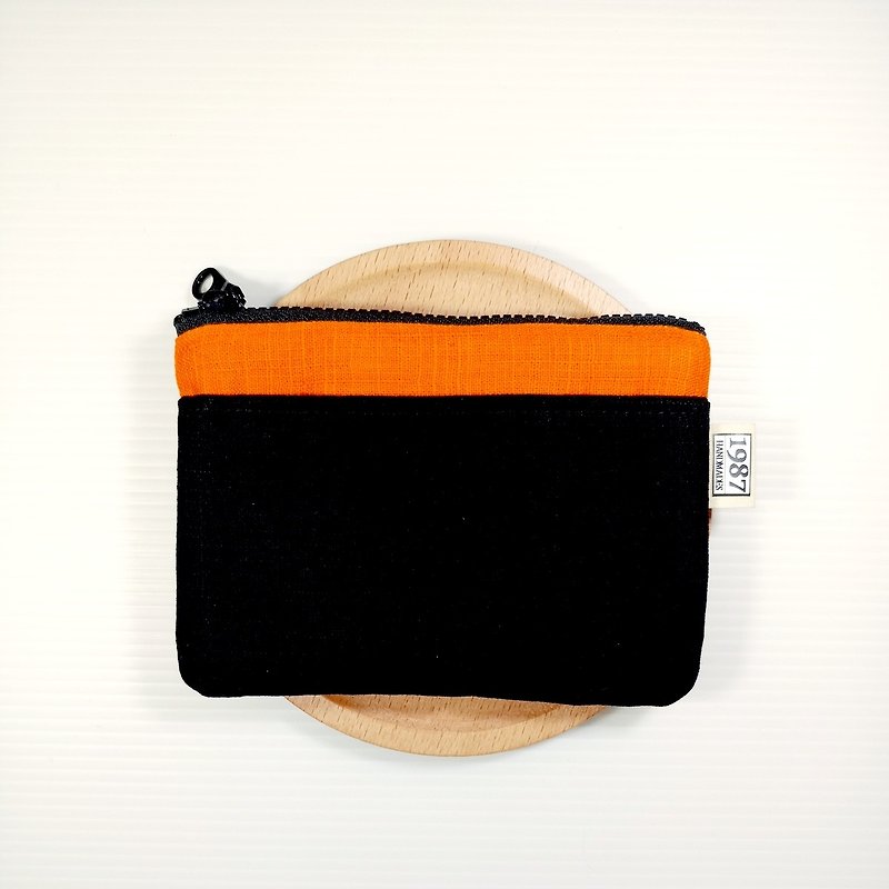 【撞色系列-橙與黑】 零錢包 手拿包 隨身包 拉鏈袋 聖誕交換禮物 - 手拿包 - 棉．麻 橘色