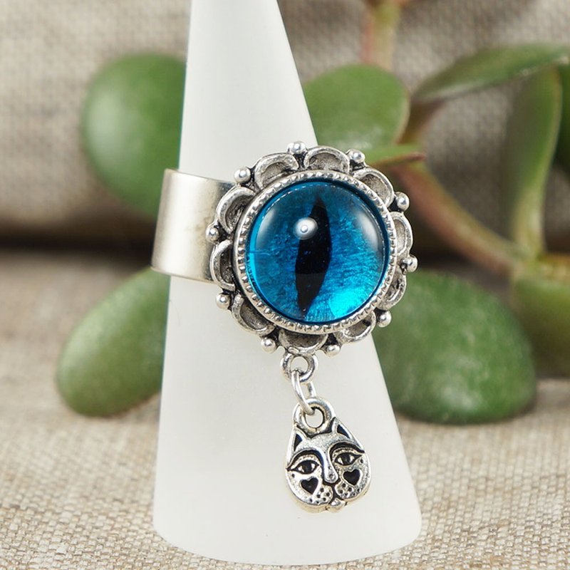 Blue Glass Cat Eye Ring Silver Cat Evil Eye Protection Adjustable Ring Jewelry - 戒指 - 玻璃 藍色
