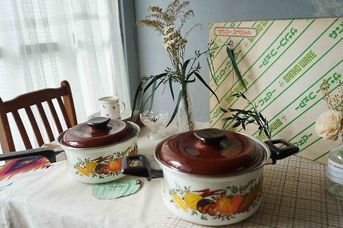 guii古意雜貨 日本雜貨-昭和時代全新品-每日五蔬果珐瑯硬質手柄鍋