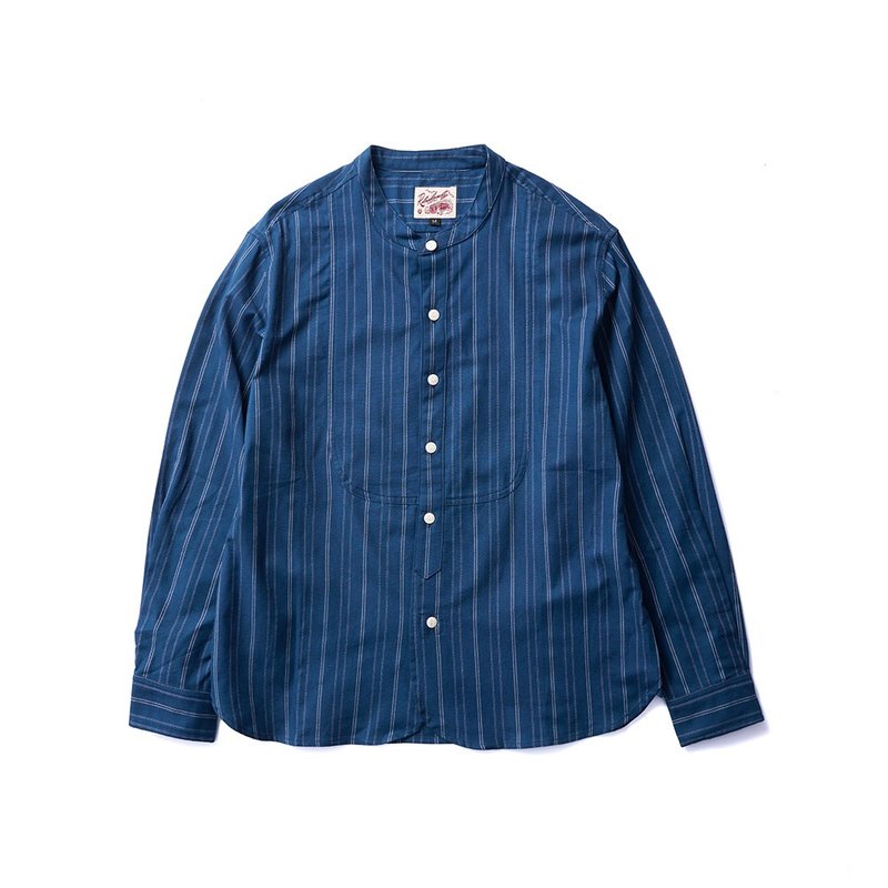 Striped Band Collar Shirt - 深藍 Navy - 男襯衫/休閒襯衫 - 棉．麻 