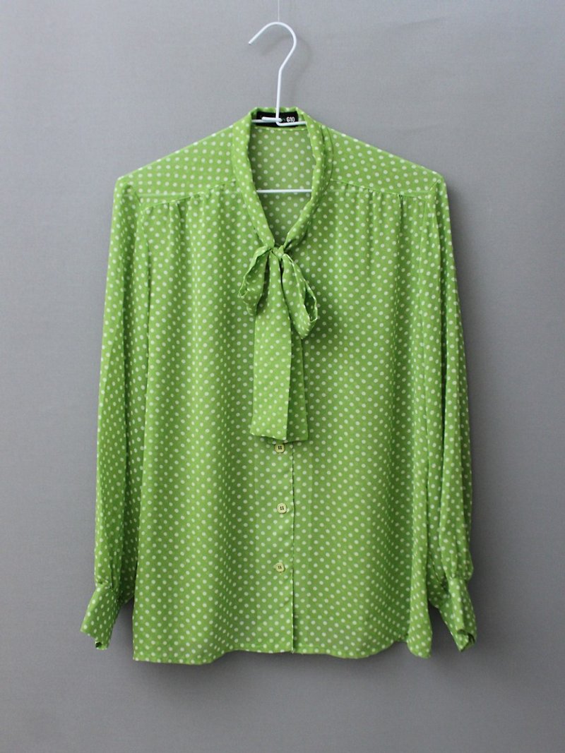 【RE1102T1642】日本製蘋果綠點點領結長袖古著襯衫 - 恤衫 - 聚酯纖維 綠色