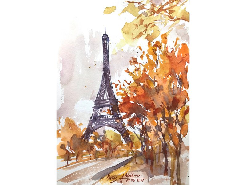 Paris art watercolor Eiffel Tower painting Original art France sketch by AnaMuSt - ตกแต่งผนัง - กระดาษ สีส้ม