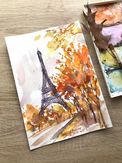 Photo & Art Print Paris Eiffel tower and Seine river at autumn watercolor  ink sketch