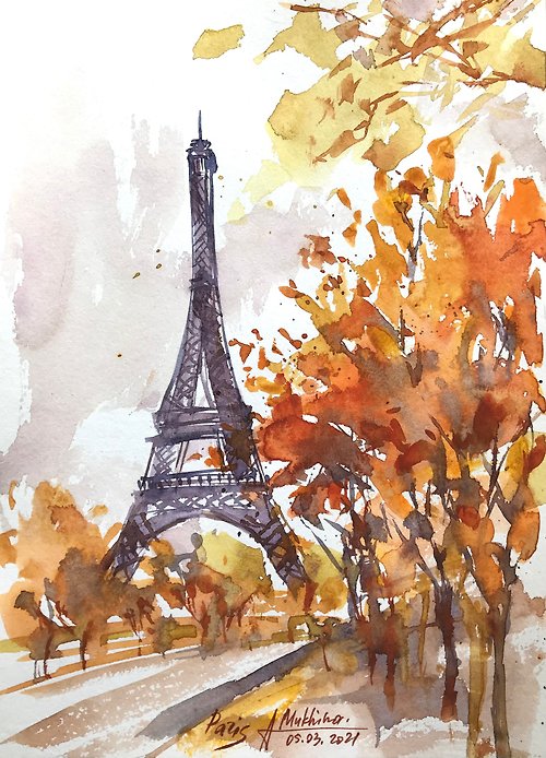 Photo & Art Print Paris Eiffel tower and Seine river at autumn watercolor  ink sketch