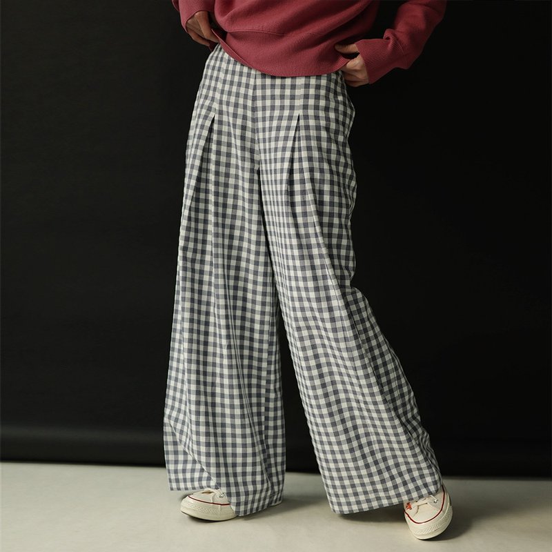 Plaid Wide-legg Trousers - กางเกงขายาว - ผ้าฝ้าย/ผ้าลินิน 