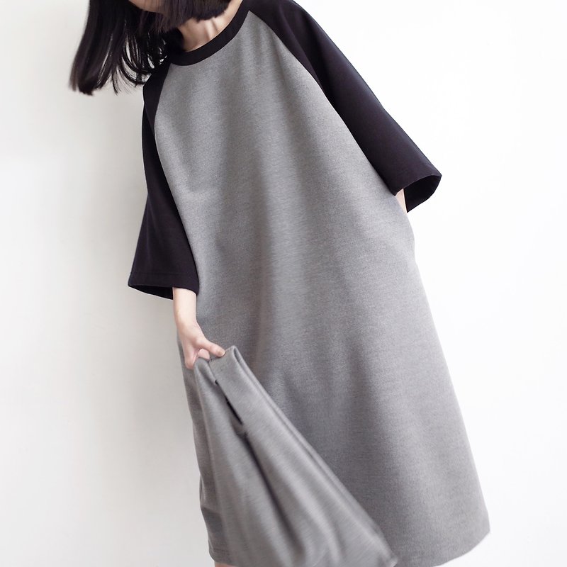 毛料寬袖洋裝 拼接色 - 洋裝/連身裙 - 聚酯纖維 灰色