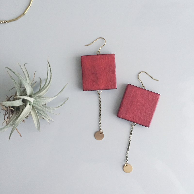 lucky money / red square wooden earrings - Earrings & Clip-ons - Other Metals Red