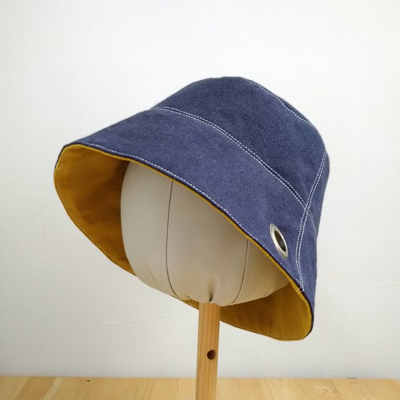 Itobun Reversible Cotton Bucket Hat - Dark Blue/Mustard Yellow Head Circumference 60cm - Hats & Caps - Cotton & Hemp Blue
