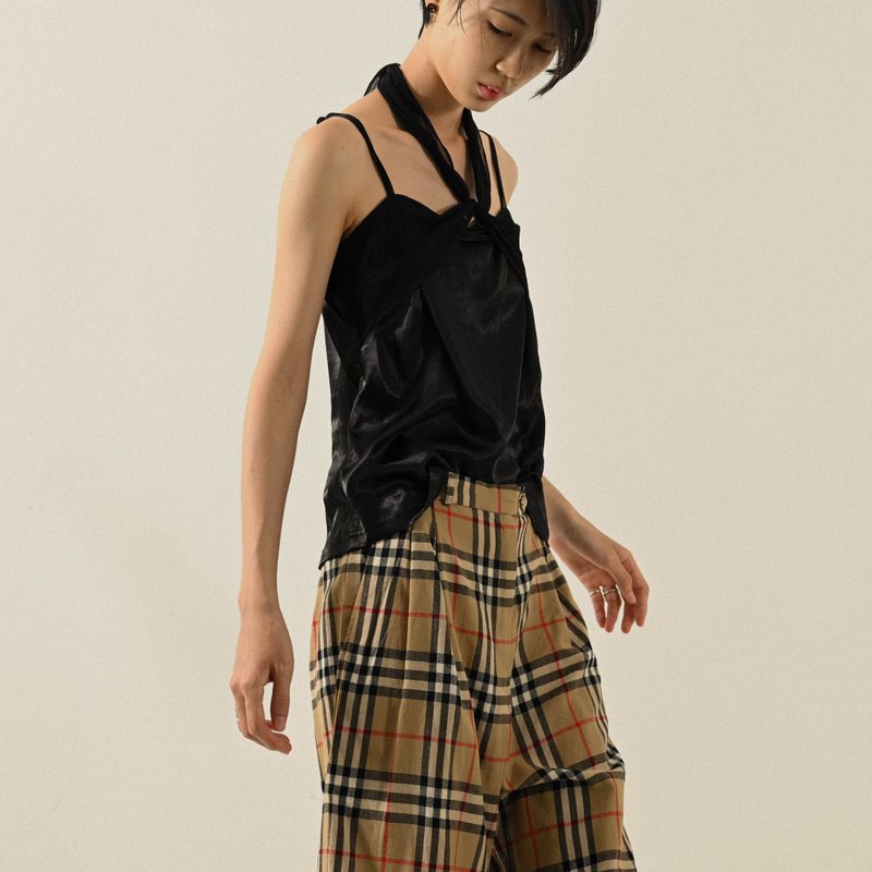 【NaSuBi Vintage】緞面綁帶細肩帶古著上衣 - 背心/無袖上衣 - 其他人造纖維 黑色