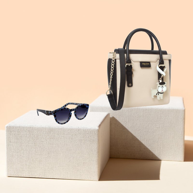 French Bulldog Dual Color Leather Small Tote + Sunglasses Gift Set - กระเป๋าแมสเซนเจอร์ - หนังแท้ สีดำ