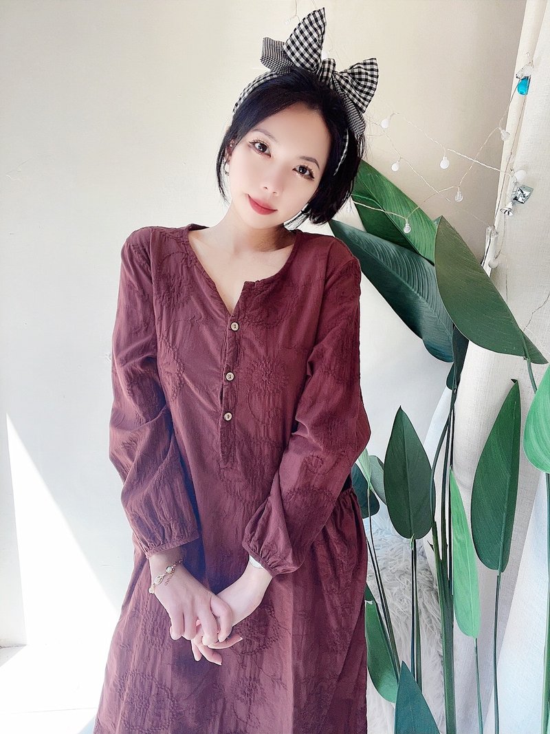 深深磚紅民俗戀日青澀日常 古董古著棉質刺繡洋裝連衣裙 vintage - 洋裝/連身裙 - 棉．麻 紅色