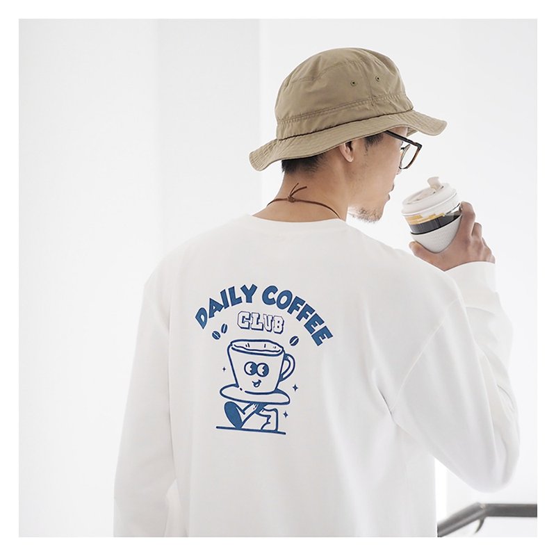 Daily Coffee Club Printed Cotton Long Sleeve T-shirt - Unisex - เสื้อยืดผู้ชาย - ผ้าฝ้าย/ผ้าลินิน ขาว