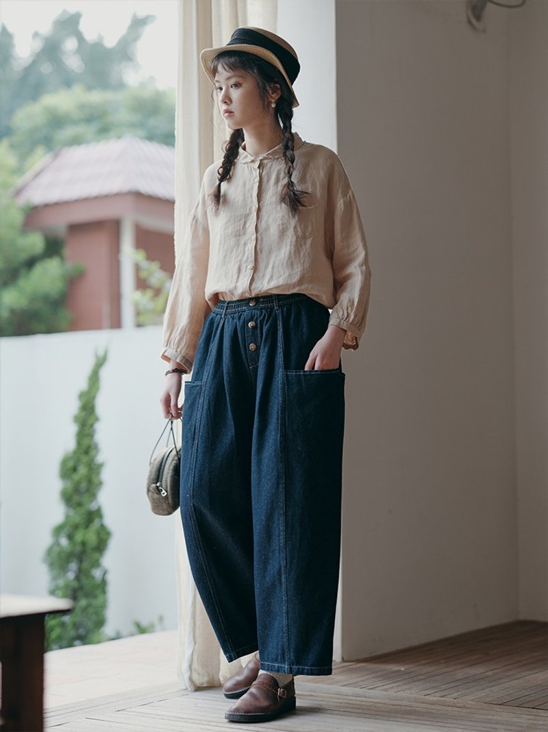 Denim cotton Linen pants elastic waist straight casual pants Japanese style literary and artistic wear for spring - Women's Pants - Cotton & Hemp Blue