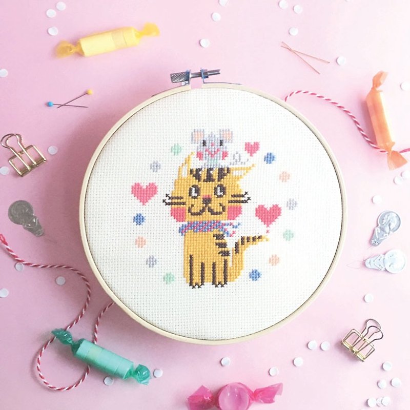 Cross Stitch KIT - Best Friends Cat and Mice - Knitting, Embroidery, Felted Wool & Sewing - Thread Yellow