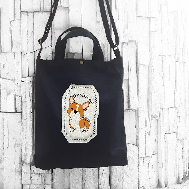 Keji Black-A4 hand-sewn printed canvas bag / oblique bag / shoulder bag - Messenger Bags & Sling Bags - Cotton & Hemp Black