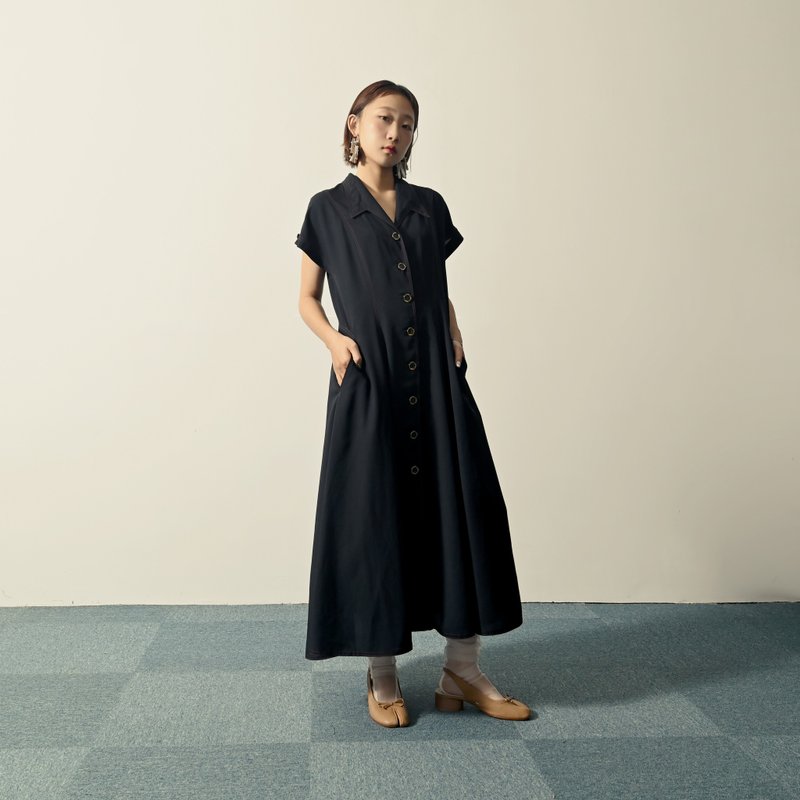 【NaSuBi Vintage】Vintage dress with umbrella skirt and collar - One Piece Dresses - Other Man-Made Fibers 