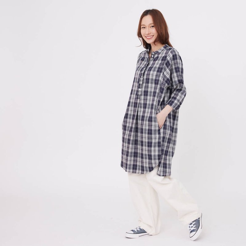 Katy Relaxed Long-Sleeve Glen Plaid Shirt Dress/ Red - One Piece Dresses - Cotton & Hemp Blue