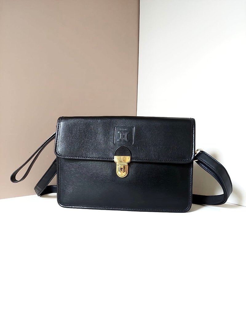 [LA LUNE] Second-hand Celine black leather side crossbody bag shoulder tote bag small bag - Messenger Bags & Sling Bags - Genuine Leather Black