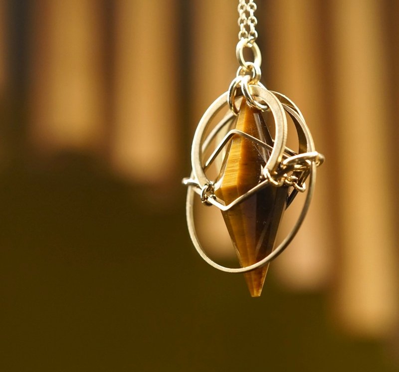 Egypt Sunset  Tiger eye stone Pendulum Brass Necklace Handmade solar Plexus - สร้อยคอ - ทองแดงทองเหลือง สีนำ้ตาล