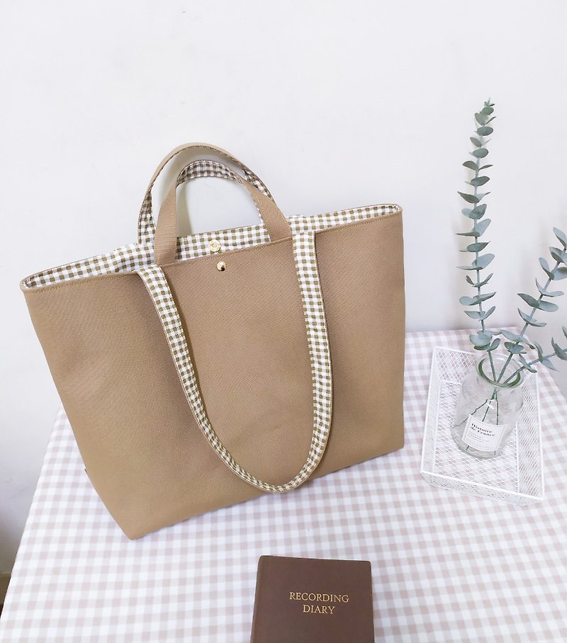French series classic canvas tote bag / plaid shoulder bag / large-capacity canvas bag / linen Brown - Handbags & Totes - Cotton & Hemp Khaki