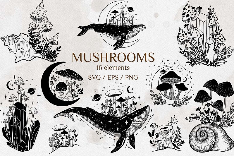 Mystical mushroom svg. Heavenly svg, whale svg, boho mushrooms. SVG. EPS.
