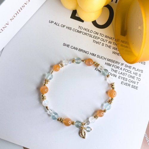 U+2646 Studio原創手作水晶飾品 仲夏聽雨 橙月光石 太陽石 海藍寶 拉長石 白水晶天然設計彈性手