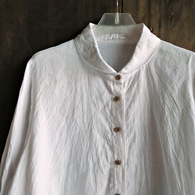 Round neck linen long shirt washed linen white / optional color - เสื้อเชิ้ตผู้หญิง - ผ้าฝ้าย/ผ้าลินิน ขาว