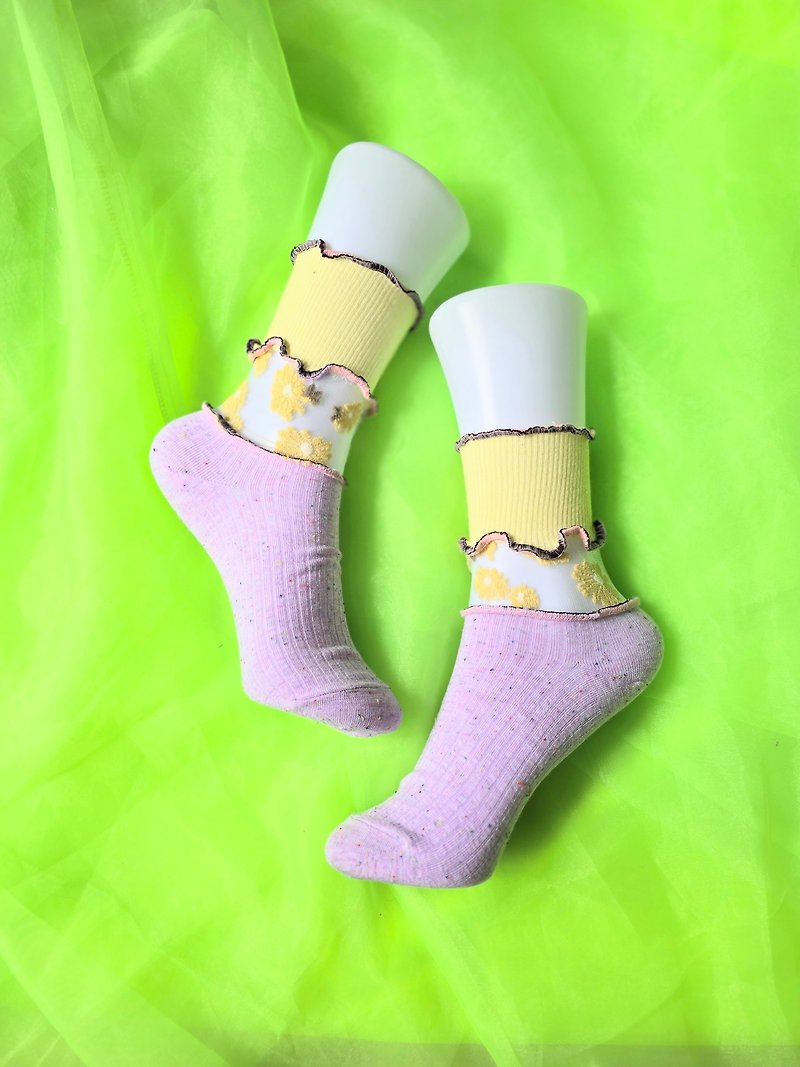Purple x Yellow Colorful Mellow Socks Flashy Socks Unique 22.5-25 Women's Socks - Socks - Other Materials Yellow