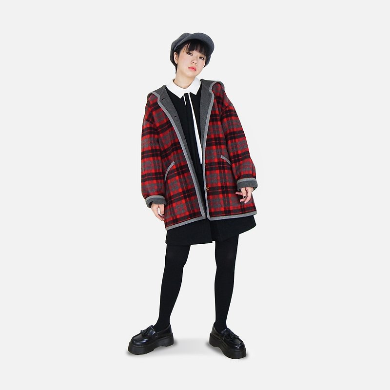 A‧PRANK: DOLLY :: VINTAGE retro with red plaid gray wool hooded coat jacket - Women's Casual & Functional Jackets - Cotton & Hemp 