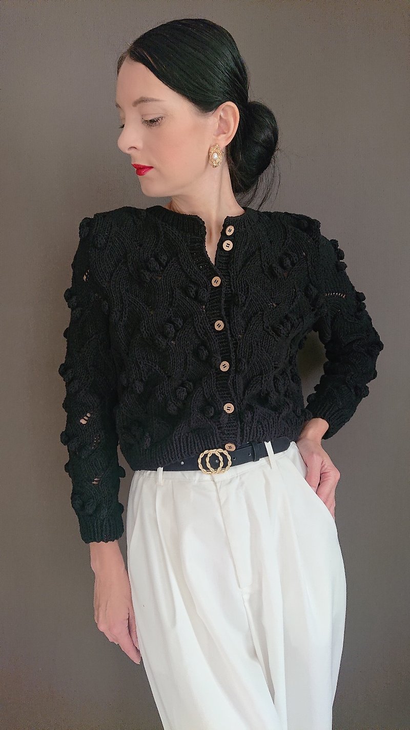 Cropped knit jacket Black sweater cardigan Cotton knit sweater Summer blouse XS - สเวตเตอร์ผู้หญิง - ผ้าฝ้าย/ผ้าลินิน 