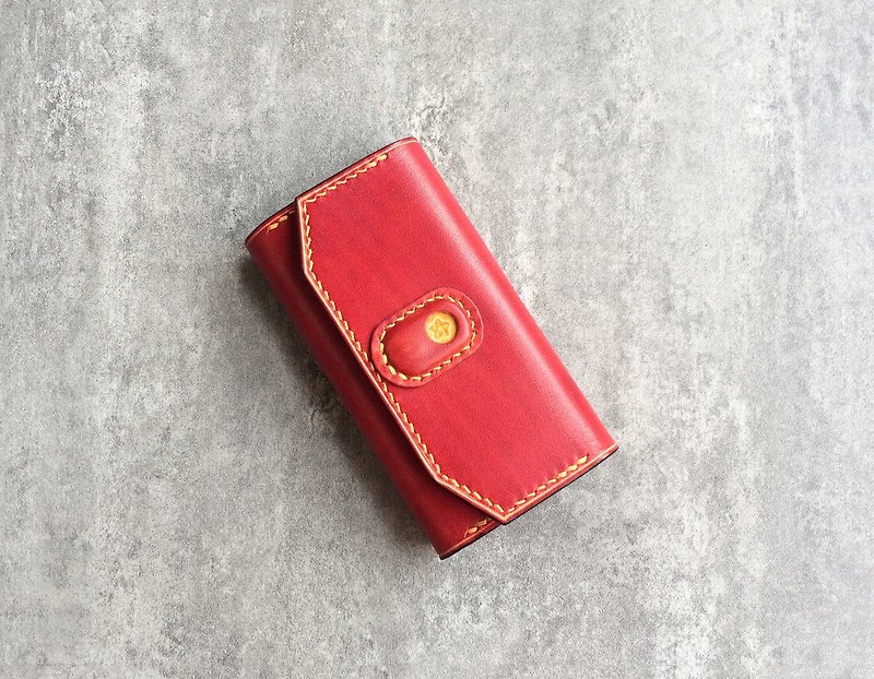 Hand-stitched leather leather key case 6 key hooks red key case free customization - Keychains - Genuine Leather Red