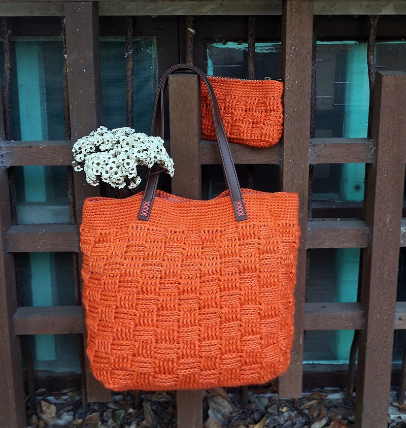 Handmade - lattice pattern hand bag + wallet - autumn flag orange - warm hand knitting natural ramie woven bag - Clutch Bags - Cotton & Hemp Orange