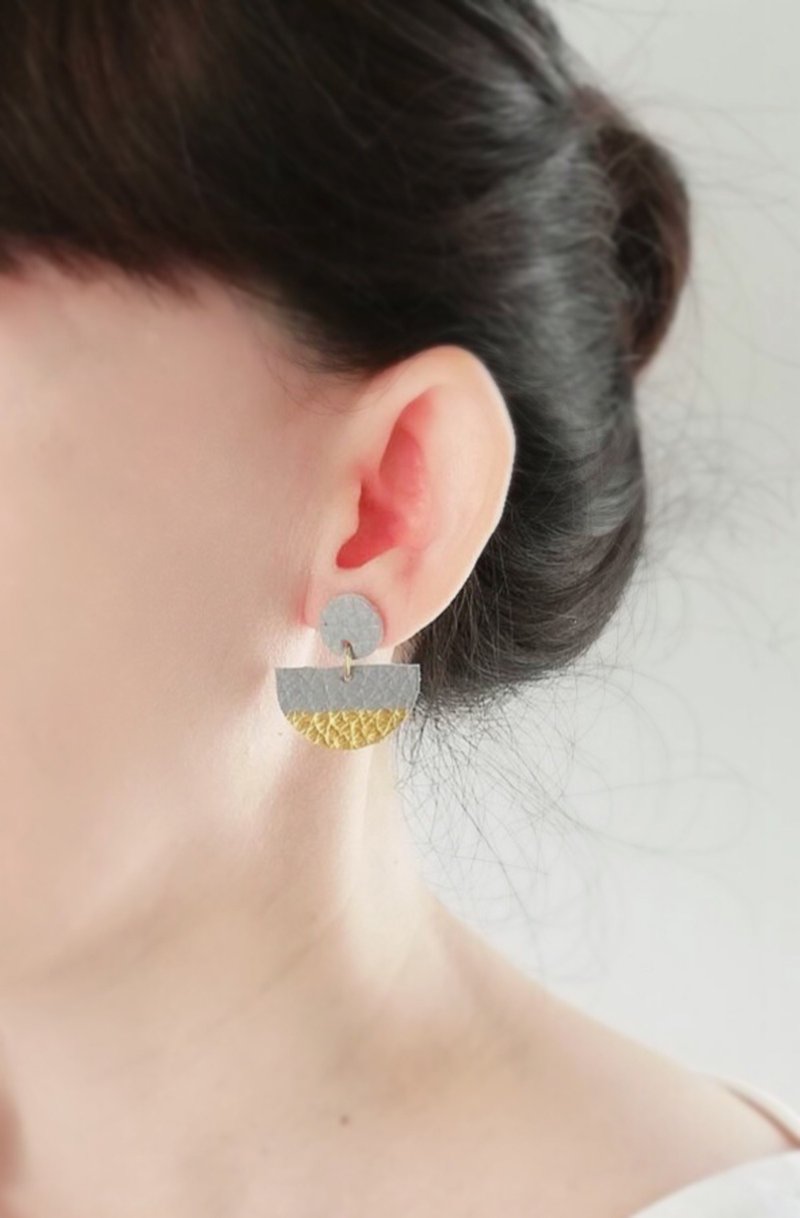 Handmade leather earring grey and gold color - Earrings & Clip-ons - Genuine Leather Gray