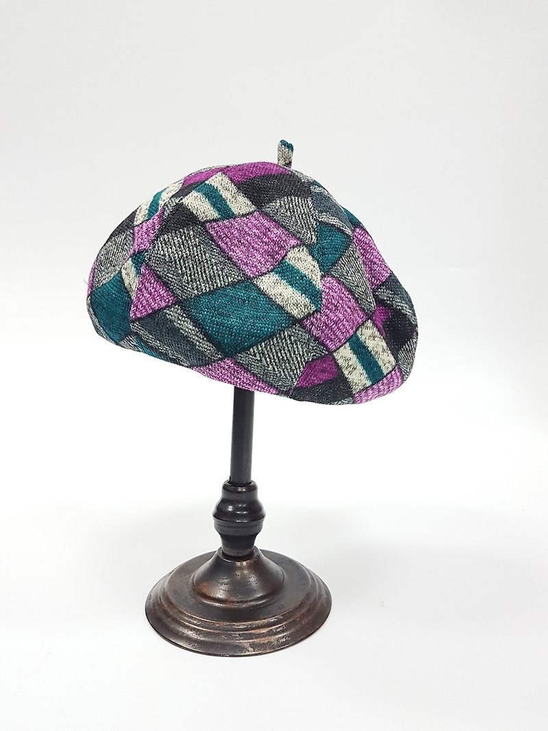 70's pumpkin hat - purple grid # # X'mas Christmas wool hair - Hats & Caps - Other Materials Multicolor