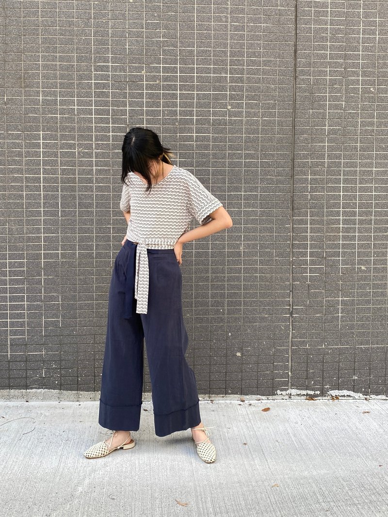 Hem patchwork Linen trousers - กางเกงขายาว - ผ้าฝ้าย/ผ้าลินิน สีน้ำเงิน