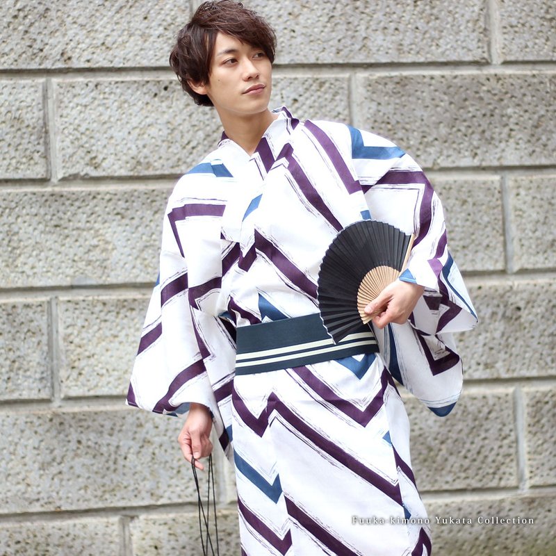 Men's cotton linen yukata and obi 2-piece set L size Z16-107a yukata - อื่นๆ - ผ้าฝ้าย/ผ้าลินิน ขาว